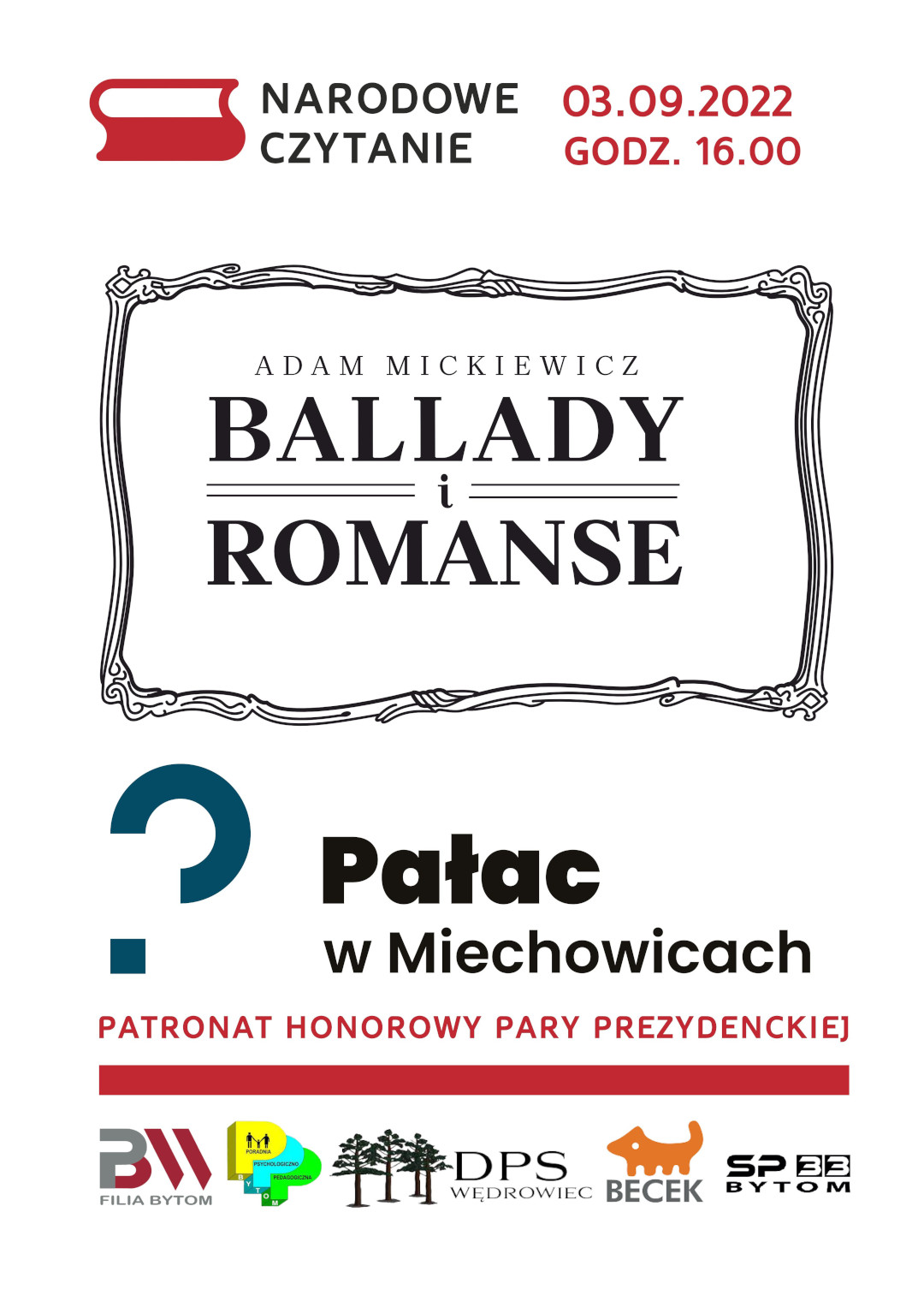 Plakat wydarzenia, które odbędzie się 3 września br. o godzinie 16:00 w Pałacu Tiele-Winclerów w Bytomiu Miechowicach.