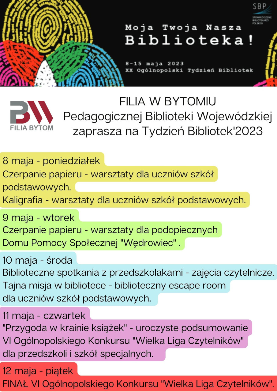 Tlakat z programem Tygodnia Bibliotek 2023 r. w PBW w Katowicach Filii w Bytomiu